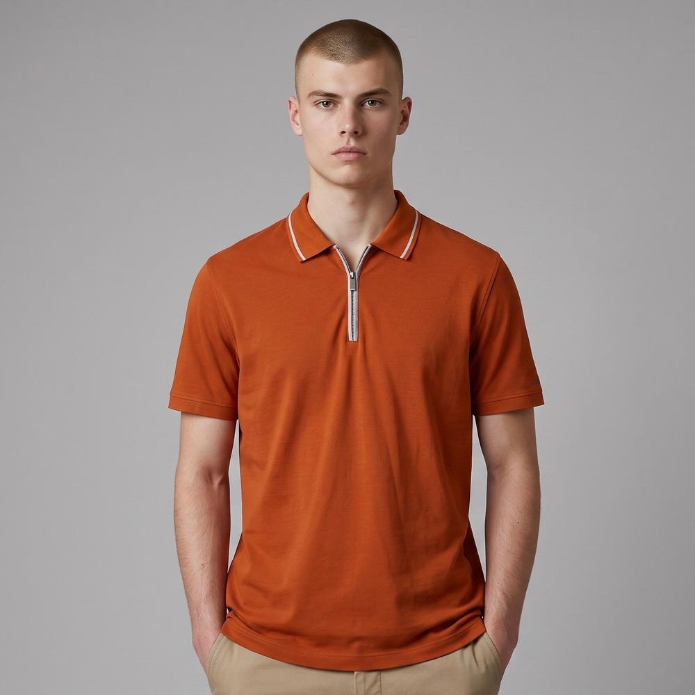 Ermenegildo Zegna Sport Quarter Zip Polo Shirt Mens Large Orange Cotton SS Golf
